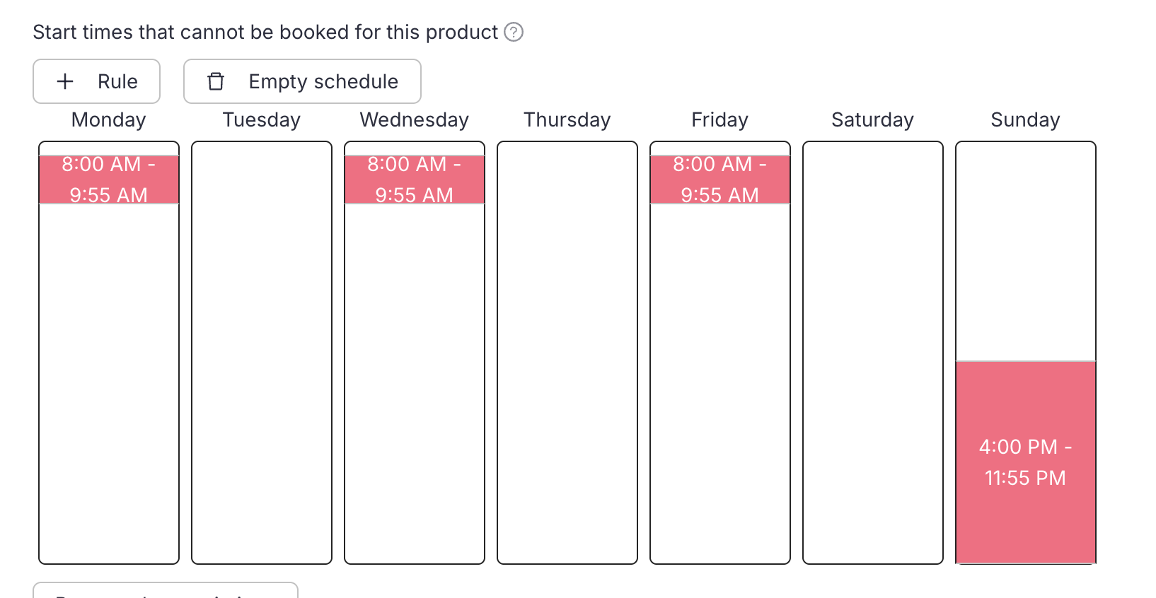 Booking product settings showing the Start times that cannot be booked for this product setting with blocked time ranges per weekday