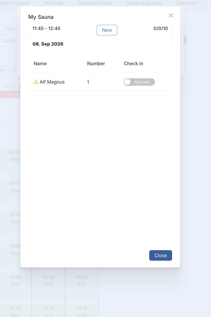 Check-in list for the session with a Not met toggle for each customer