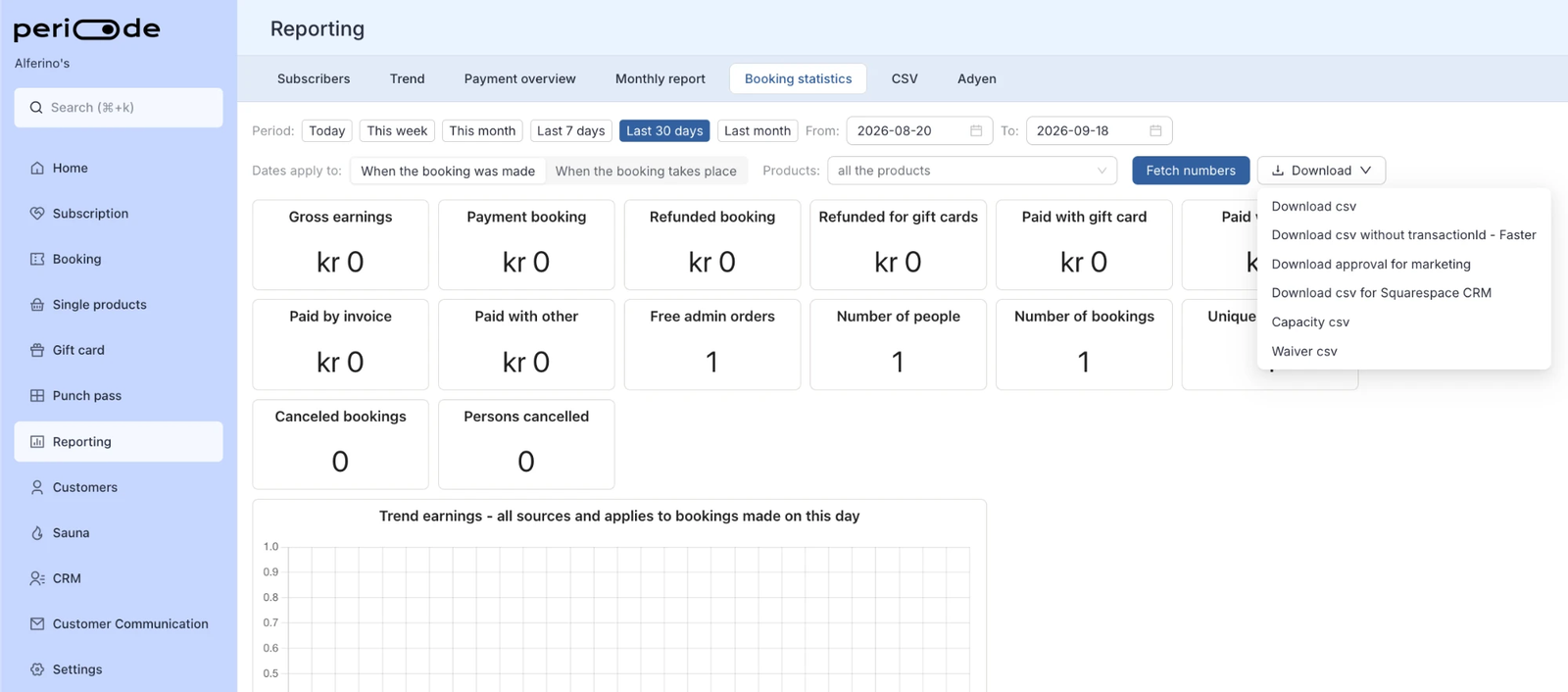 The Booking statistics tab in Reporting with the Download dropdown open, listing Download csv, Download csv without transactionId, Download approval for marketing, Download csv for Squarespace CRM, Capacity csv and Waiver csv