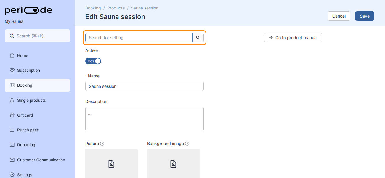 Typing waiver into the Search for setting box at the top of the Sauna session editor. The editor shows the Waiver setting with its Turn on disclaimer button.