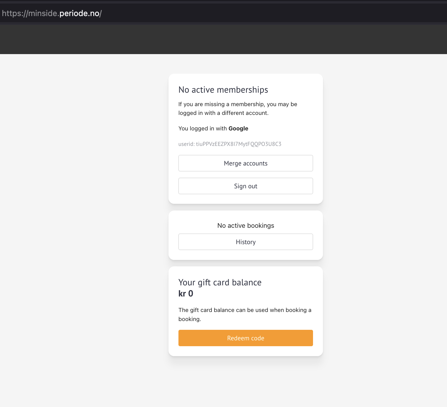 Customer profile page on minside.periode.no showing the login method and user ID