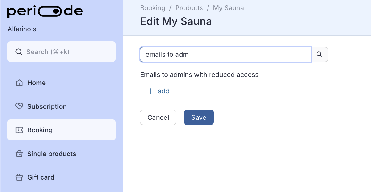 Searching for the Emails to admins with reduced access setting in a booking product