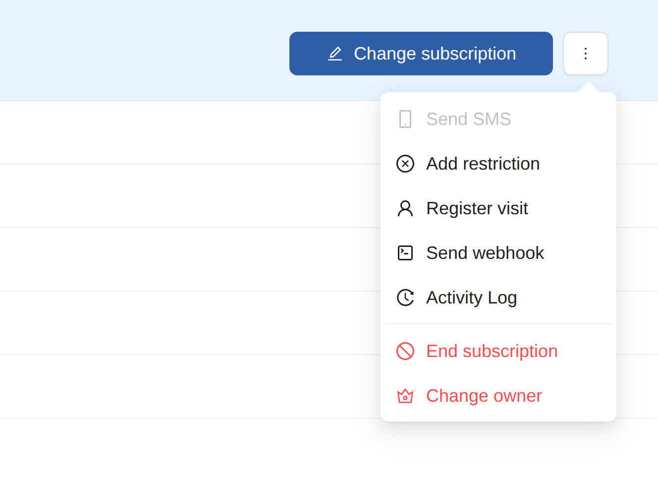 The actions menu on a subscription page with Change owner as the last item